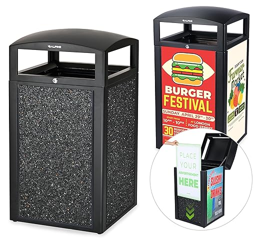 Alpine Outdoor Commercial Trash Can with Lid - 40 Gallon Heavy Duty Metal Garbage Can with Advertising Panels, Removable Bin, Locking Lid for a Modern Look in Pool, Park, Mall (Grey Stones)