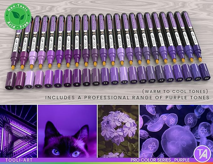 TOOLI-ART 22 Acrylic Paint Markers Paint Pens Pro Color Series Set 3mm Medium Tip for Rock Painting, Glass, Mugs, Wood, Metal, Glass Paint, Canvas, DIY. Non Toxic, Waterbased, Quick Drying (PURPLE)