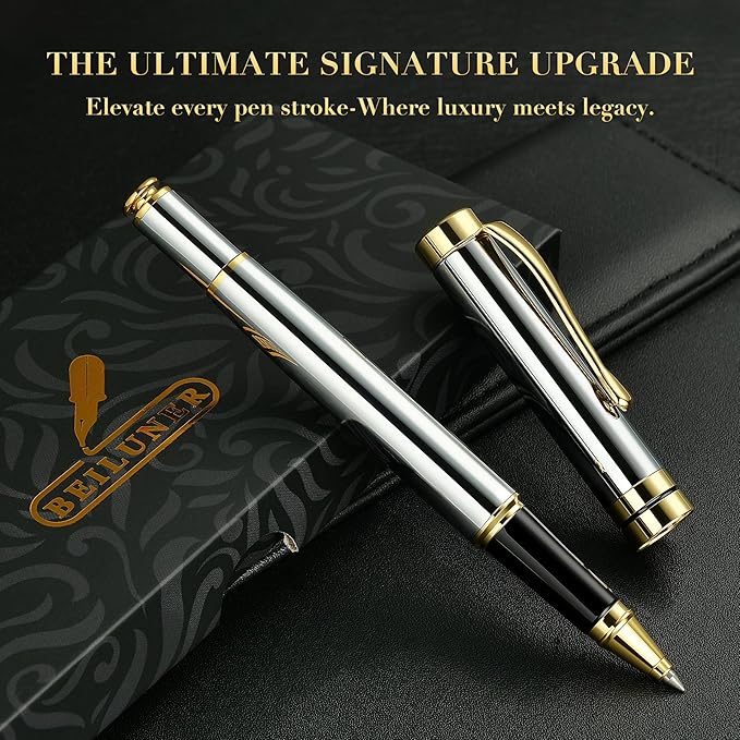 BEILUNER Ballpoint Pens, Stunning Bright Silver Chrome Metal Pen with Golden Trim, Fancy Ball Pen Gift Set for Men & Women, Graduation, Executive, Office, Nice Gift Box with 0.5mm Black Spare Refill