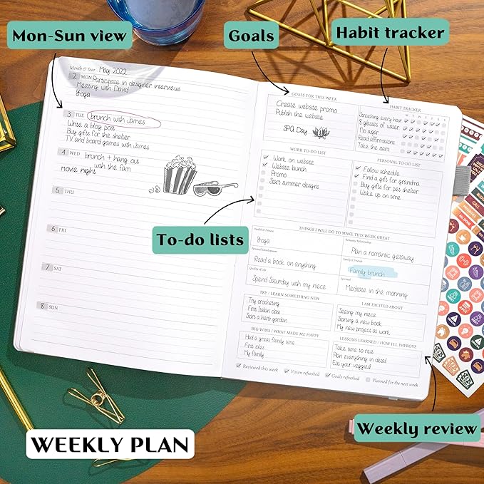 Legend Planner PRO – Deluxe Weekly & Monthly Life Planner to Increase Productivity and Hit Your Goals. Time Management Organizer Notebook – Undated – 7 x 10" Hardcover + Stickers – White