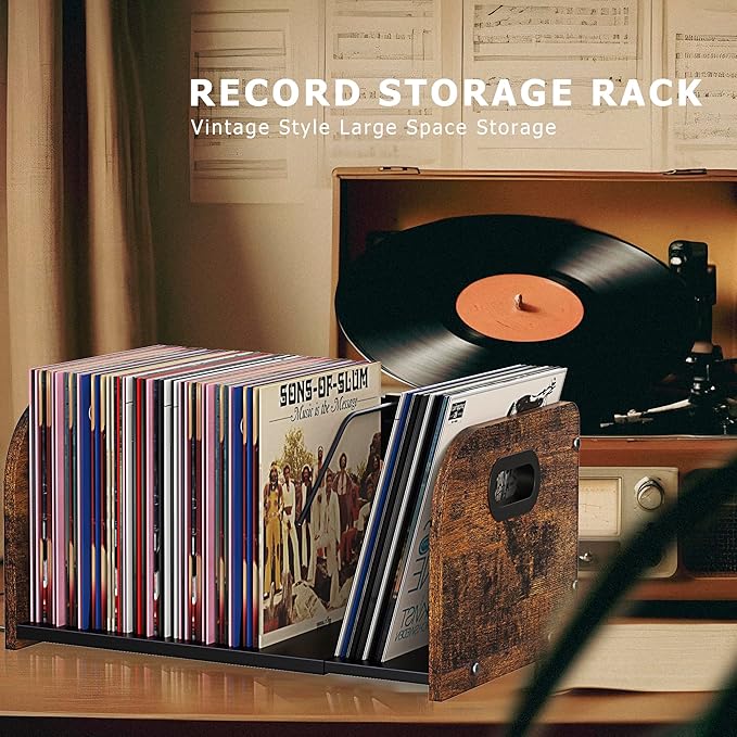 Vinyl Record Storage Holder, Expandable Record Holder Rack With Movable Divider, 110 LP Album Display Shelf Stand, Magazine Holder (Rustic Brown)