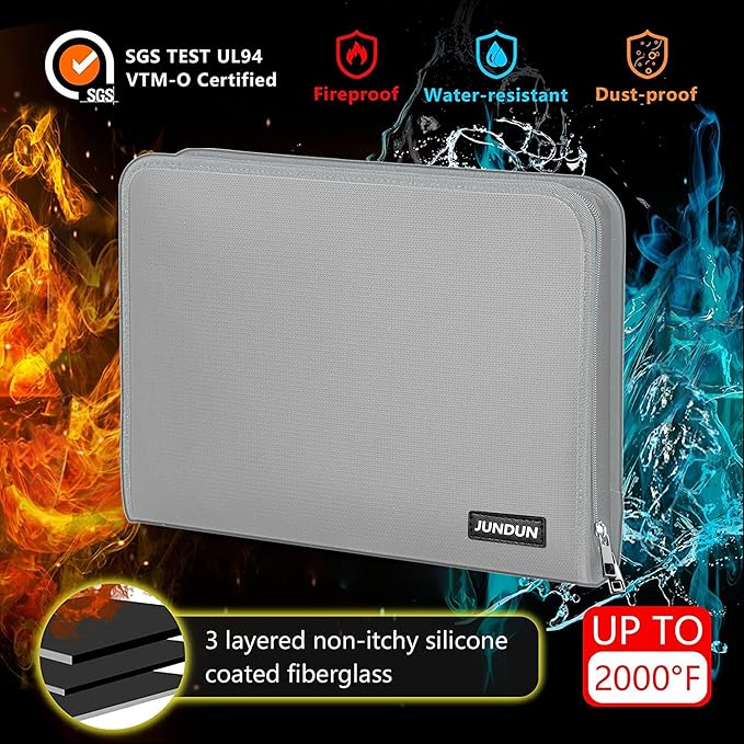 JUNDUN Accordion File Organizer - 12 Pocket Expanding File Folder with Zipper & Labels - Fireproof File Folder Organizer with Multi-Pockets,Document Organizer for Letter A4 Files and More (Silver)