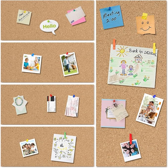 AKTOP Cork Board Bulletin Board 17"x8", 1/2" Thick Cork Board Tiles 6 Pack, Small Pin Board for Wall Decor, Self Adhesive Corkboards with 60 Push Pin Wood Clips for School, Home & Office