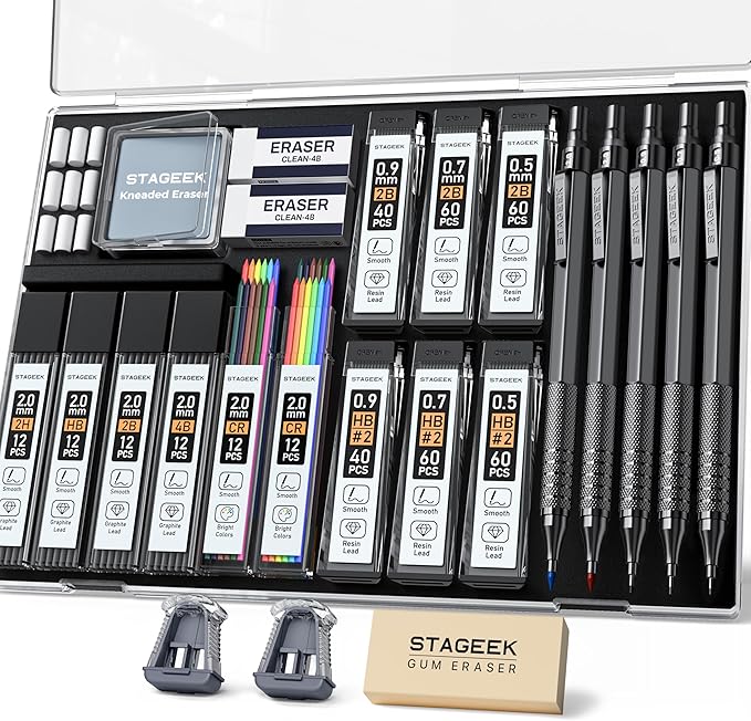 25PCS Art Mechanical Pencil Set, 3PCS Metal lead pencil 0.5, 0.7, 0.9, 2PCS 2mm Drawing Pencil (HB 2H 2B 4B Color) with 392PCS Graphite Leads, Eraser with Case for Drafting Drawing Writing