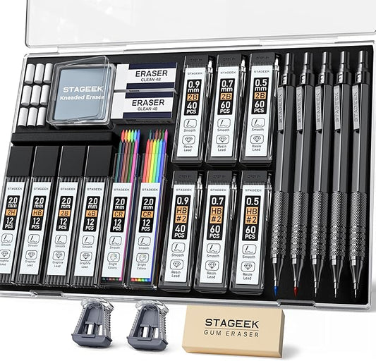 25PCS Art Mechanical Pencil Set, 3PCS Metal lead pencil 0.5, 0.7, 0.9, 2PCS 2mm Drawing Pencil (HB 2H 2B 4B Color) with 392PCS Graphite Leads, Eraser with Case for Drafting Drawing Writing