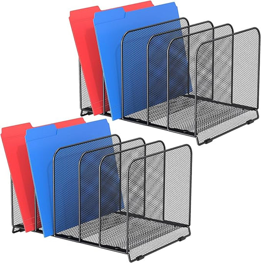 5 Sections Desk File Holder/Rack/Sorter,Mesh File Organizer,File Folder Organizer,Metal Upright Desktop Organization for Documents,Magazine,Kitchenware,Antiskid,Antirust,Sturdy,2 Packs