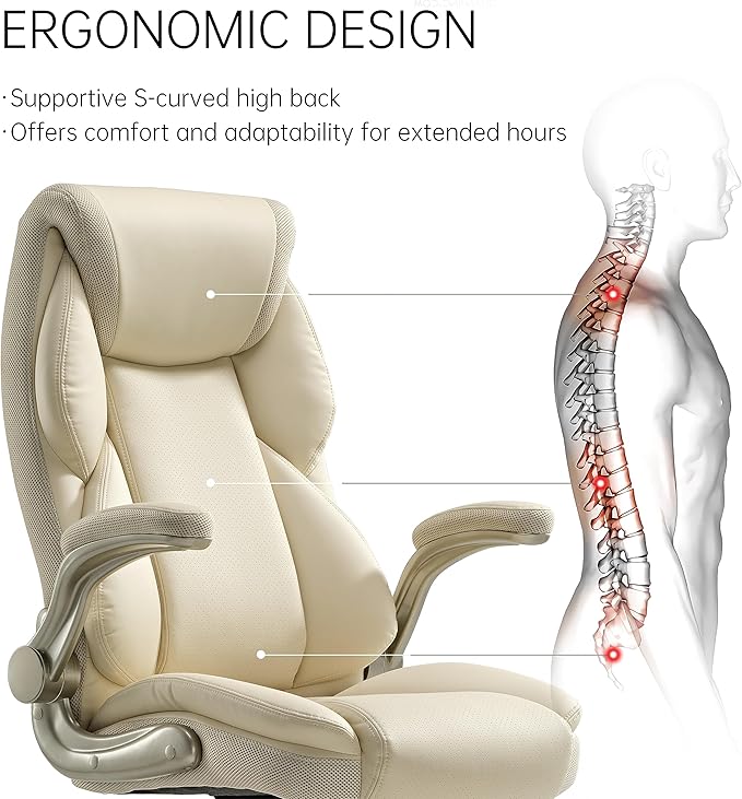 EUREKA ERGONOMIC Executive Office Chair Flip Up Arm Rest, Ergonomic Desk Chair Faux Leather Computer Chair, High Back Office Chair with Headrest, Home Office Desk Chairs with Wheels, Beige