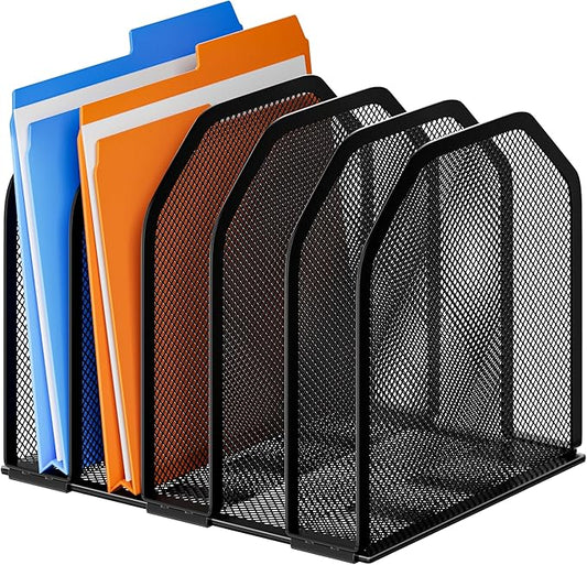 Desk File Organizer, Adjustable 5 Sections Upright Desktop Organizer File Sorter, Sturdy Metal Mesh Vertical Bookshelf File Holder Workspace Accessories for Home,School,Office Classroom,Black
