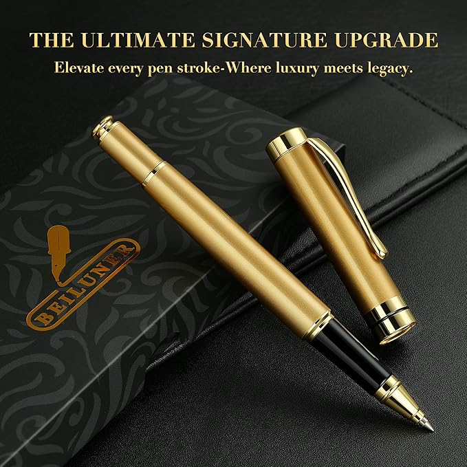 BEILUNER Ballpoint Pens, Stainless Steel with Chrome Trim, Luxury Golden Metal Pen Set, Best Ball Pen Gift Set for Men & Women, Professional, Executive, Office, Fancy Pens-Nice Box with Extra Refill