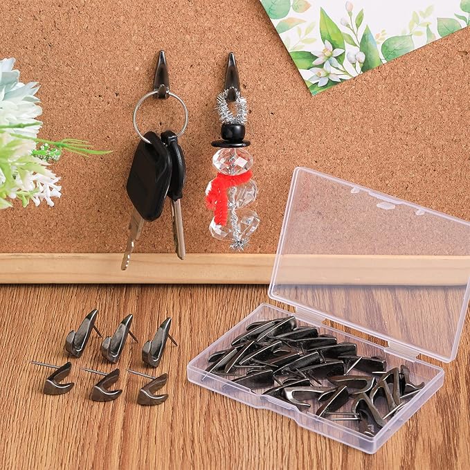 Ferraycle 30 Pieces Metal Push Pin Hangers 20 lbs Picture Hooks Zinc Alloy Thumb Tacks Hanging Hooks with Nails for Home Office Fabric Wall Wooden Board (Black)