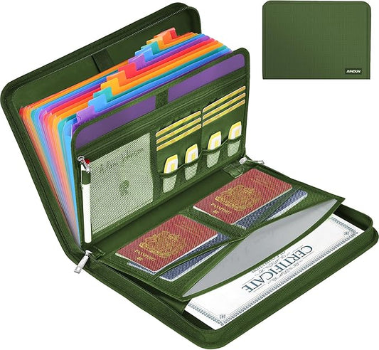 JUNDUN Accordion File Organizer - 12 Pocket Expanding File Folder with Zipper & Labels - Fireproof File Folder Organizer with Multi-Pockets,Document Organizer for Letter A4 Files and More (Green)