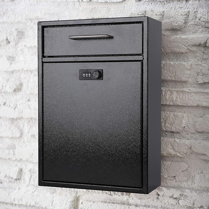 xydled Wall Mount Mailboxes with Combination Lock, Wall Mail Box for Outside, Locking Mailbox with Lock, Hanging Secured Postbox, Security Key Drop Box, 17.6H x 12.2L x 5.7W Inches, Black, XL Large