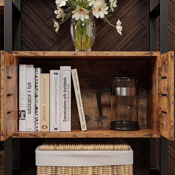 IRONCK Industrial Bookshelf and Bookcase with 2 Louvered Doors 5 Tiers Triple Wide Display Shelf with Storage Cabinet for Living Room Home Office