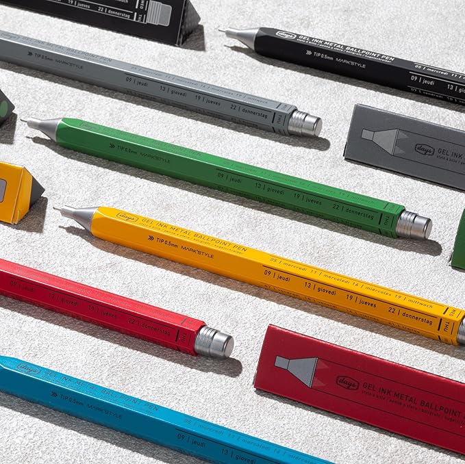 MARK'STYLE days, Gel Ink Metal Ballpoint Pen - 0.5mm Retractable Black Ink, Retro styling Light Weigh Pen, Made in Japan- Perfect for School, Office, and Journaling (Black)
