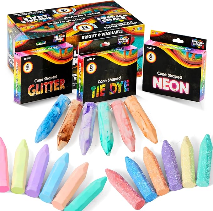 JOYIN 72 PCS Washable Sidewalk Chalks Set in 12 Packs, 18 Colors, Including 12 Tie Dye, 12 Glitter & 12 Neon Colors, School Supplies, Classroom Must Haves, Gift for Kids
