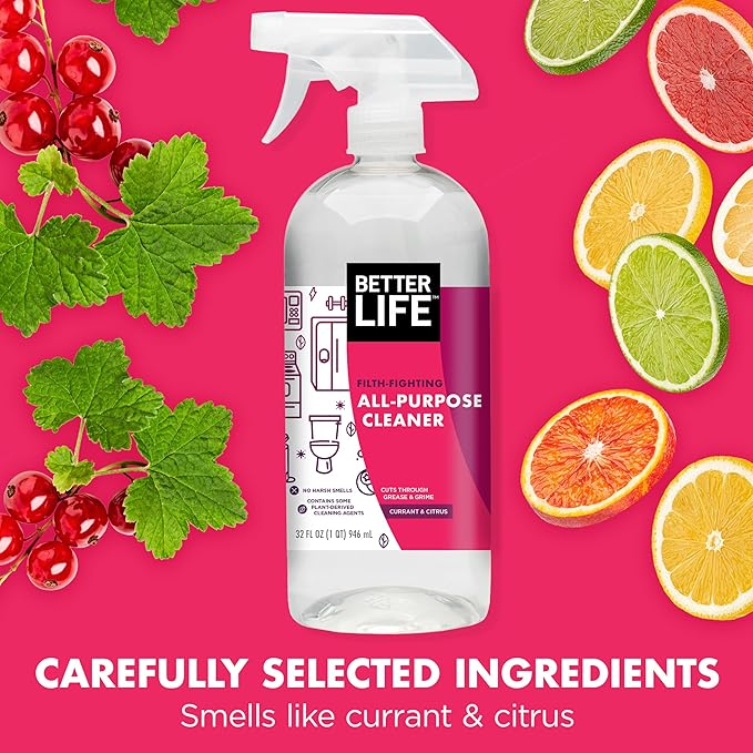 Better Life Multi Surface Cleaner - Plant Derived Cleaner Spray, Non-Toxic All Purpose Cleaners, Eco-Friendly Non Toxic Cleaning Supplies for Home, Currant and Citrus Scent, 32 Fl Oz * 2