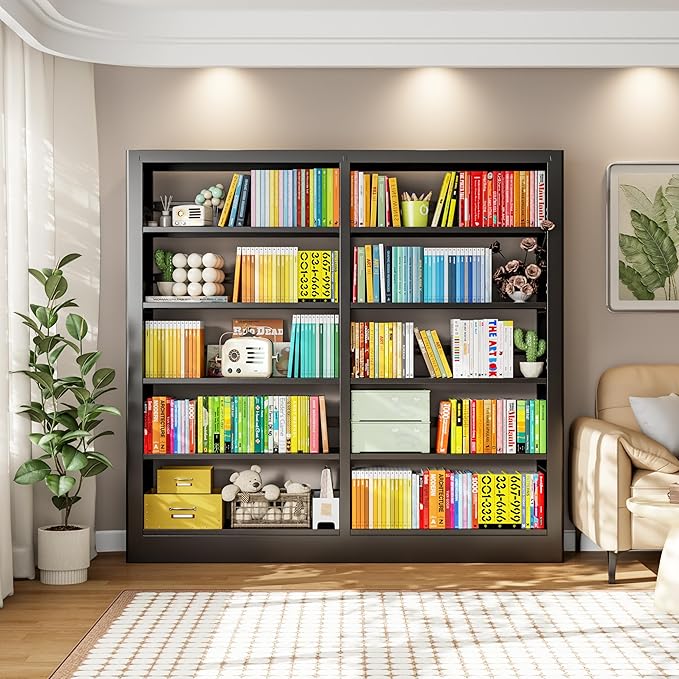 5-Tier Bookcase with Adjustable Storage Shelves, Metal Bookshelf with Book Stopper, Bookcase Shelf for Library, Office, Living Room (Black-2)