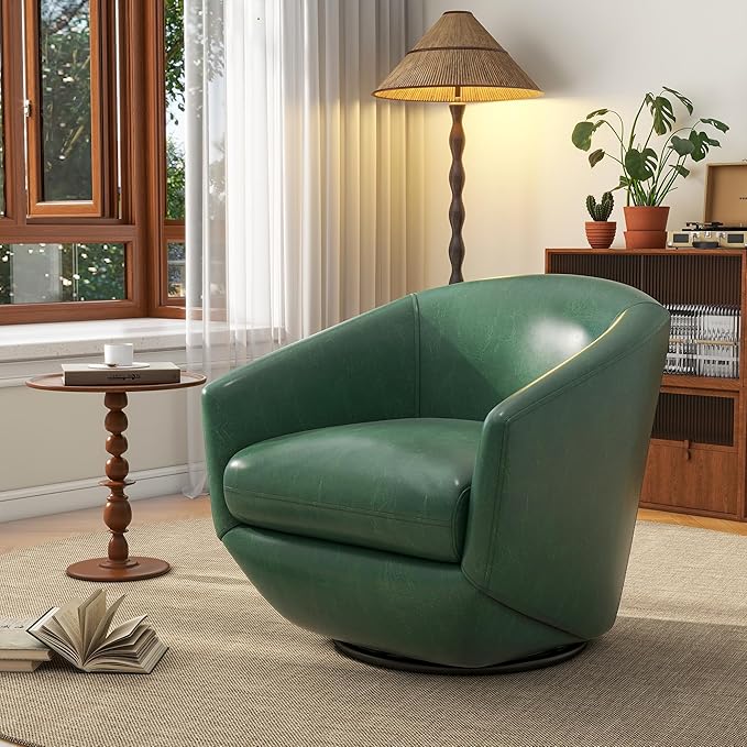 UIXE 360° Swivel Barrel Accent Chair, PU Leather Upholstered Club Armchair for Living Room, Modern Round Arm Chair Single Sofa Bedroom Reading Seating (Green)
