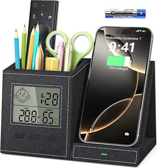 Multifunctional Pen Holder and Organizer for Desk with Wireless Charger, Digital Indoor Thermometer and Humidity Gauge, Home Office Organizers and Storage (Battery Included)