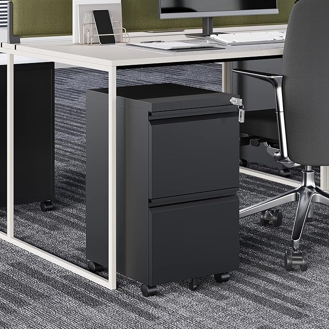 2 Drawer Vertical File Cabinet - Mobile Filling Cabinet with Lock for Legal/Letter Files - Office Storage File Cabinet with Wheels Under Desk - Assembly Required