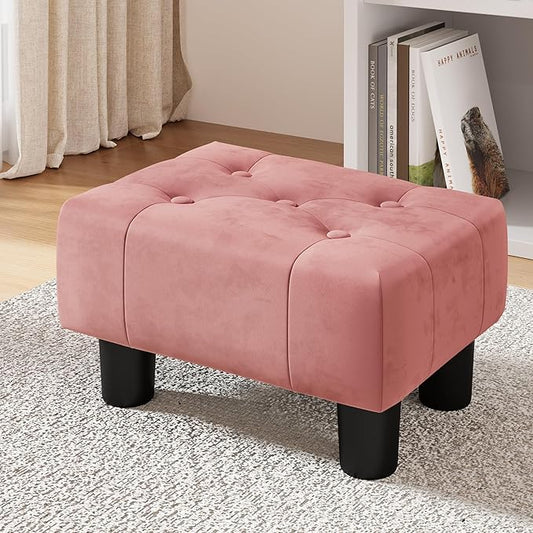 LUE BONA Small Foot Stool Ottoman, Velvet Tufted Footrest with Plastic Legs, 9''H, Rectangle Foot Stools for Adult with Non-Slip Pads, Footstool for Living Room,Couch, Pink