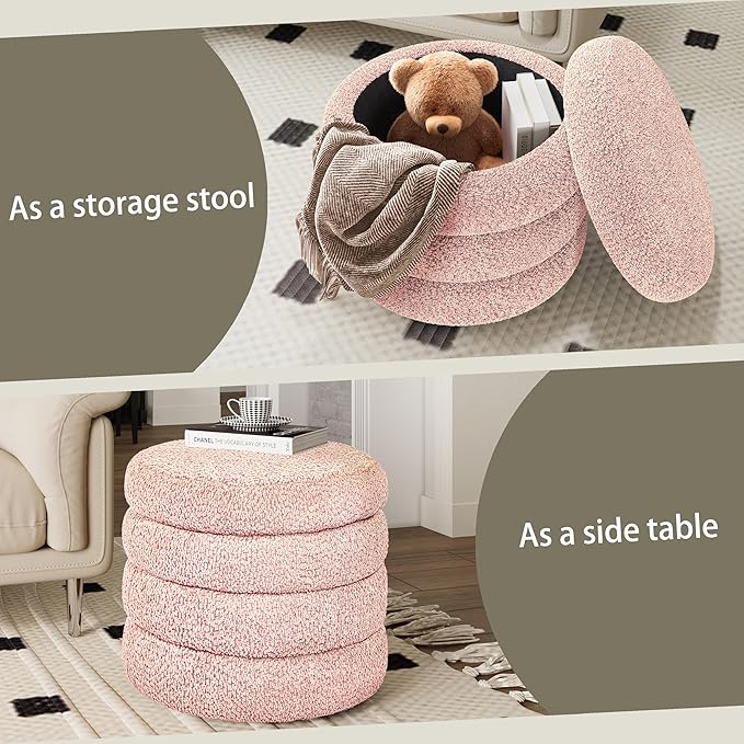 Storage Ottoman, Round Ottoman with Storage, Vanity Stool Foot Rest with Removable Lid, Round Boucle Upholstered for Living Room Pouf Footstool (Pink)
