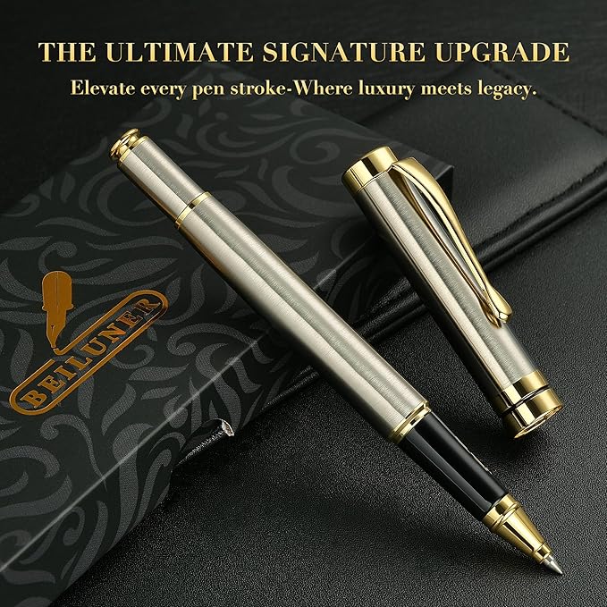 BEILUNER Ballpoint Pens, Stunning Silver Chrome Metal Pen with Golden Trim, Best Ball Pen Gift Set for Men & Women, Professional, Executive, Office, Nice Pens-Gift Box with 0.5mm Extra Black Refill