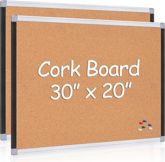 Board2by 2 Pack Cork Bulletin Board 20" x 30", Black/Silver Aluminium Framed Corkboard, Office Board for Wall Decor, Large Wall Mounted Notice Pin Board with 36 Push Pins for School, Home & Office