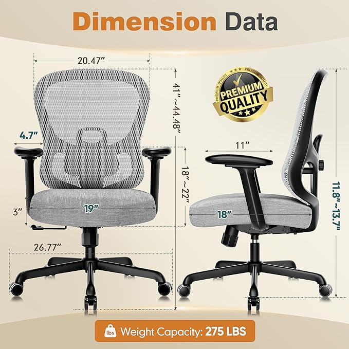 ELABEST Ergonomic Office Chair,Home Desk Chair with Mesh Back,Adjustable Lumbar Support,Built-in Springs Wide Seat,Executive Task Chair with 3-D Big Armrests,Tilt Function,Computer Desk Chair (Grey)