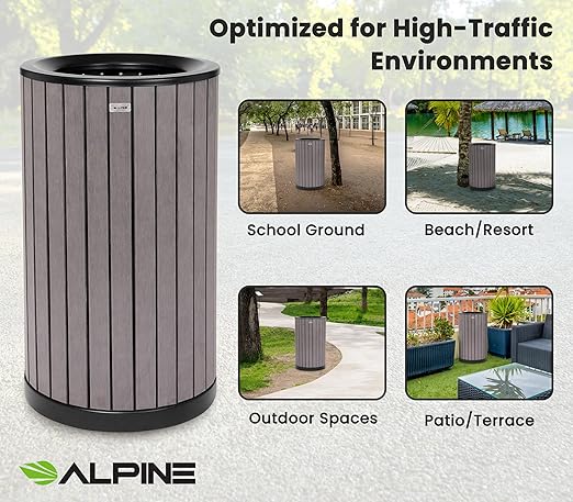 Alpine 32 Gallon Commercial Outdoor Trash Can - Heavy Duty Garbage Can Outdoor, Industrial Open Top Trash Can with Plastic Panels for Patio, Parks, Trails, Resorts (Flat Lid - Grey)