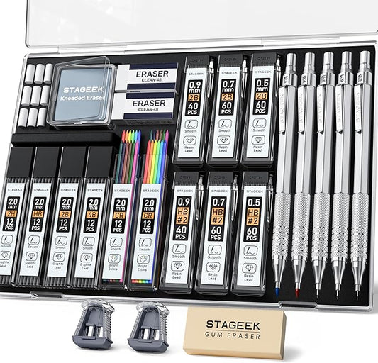 25PCS Art Mechanical Pencil Set, 3PCS Metal lead pencil 0.5, 0.7, 0.9, 2PCS 2mm Drawing Pencil (HB 2H 2B 4B Color) with 392PCS Graphite Leads, Eraser with Case for Drafting Drawing Writing