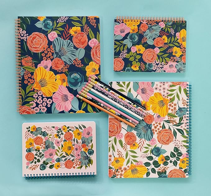 Steel Mill & Co Cute Large Spiral Notebook College Ruled, 11" x 9.5" with Durable Hardcover and 160 Lined Pages, Garden Blooms (Cream)