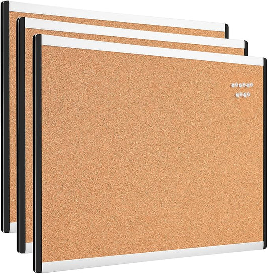 Amazon Basics Cork BulletinBoard, 23" x 17", Pin Board for Office & Home with Aluminum/Plastic Frame, 3 Pack