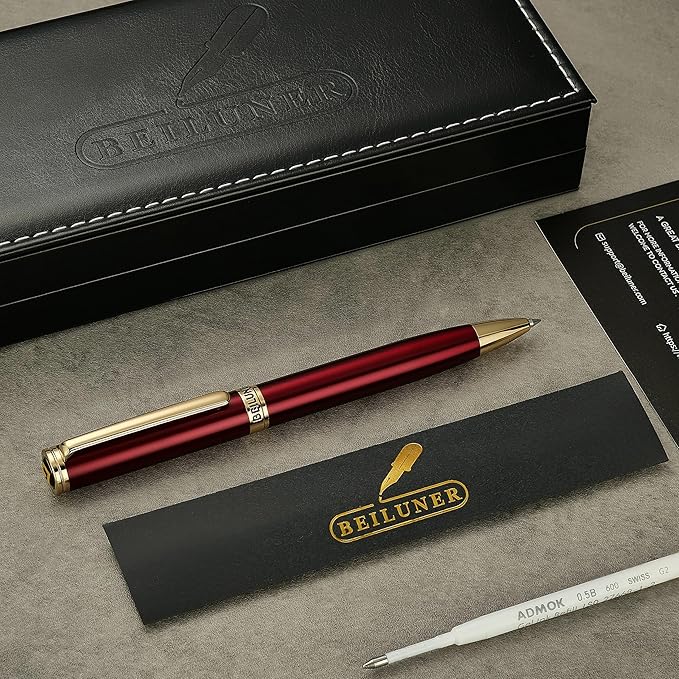 BEILUNER Red Lacquer Gel Pen With 24K Gold Finish, Retractable Pens, Gift Pen Set, Professional, Elegant, Writing, Executive, Office, Nice Fancy Designer, Perfect for Men and Women
