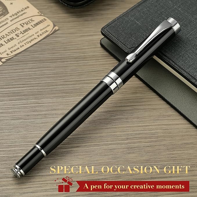 BEILUNER Ballpoint Pens, Stunning Black Chrome Ballpoint Pen with Silver Trim, Best Ball Pen Gift Set for Men & Women, Professional, Executive, Office, Fancy Pen-Gift Box With 0.5mm Extra Black Refill