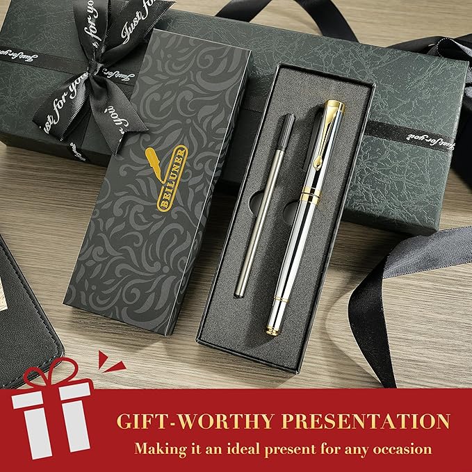 BEILUNER Ballpoint Pens, Stunning Bright Silver Chrome Metal Pen with Golden Trim, Fancy Ball Pen Gift Set for Men & Women, Graduation, Executive, Office, Nice Gift Box with 0.5mm Black Spare Refill