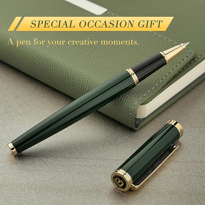 BEILUNER Luxury Rollerball Pen, Stunning Green Lacquer with 24K Gold Trim,Noble and Elegant Designs,Schneider Ink Refill, Best Gift Set for Men & Women, Refillable, Executive Writing, Nice Pens