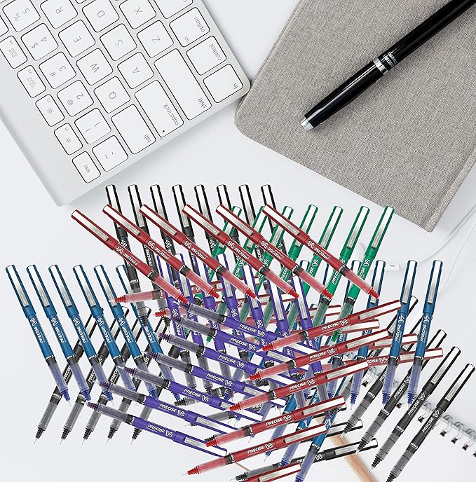 Precise V5 Stick Rolling Ball Pens, Extra Fine Point (.5mm), Red Ink, 6-pk; Bundle with Plastic Reusable Pouch