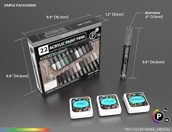 TOOLI-ART 22 Acrylic Paint Markers Paint Pens Pro Color Series Set 3mm Medium Tip for Rock Painting, Glass, Mugs, Wood, Metal, Glass Paint, Canvas, DIY. Non Toxic, Waterbased, Quick Drying (GRAYS)